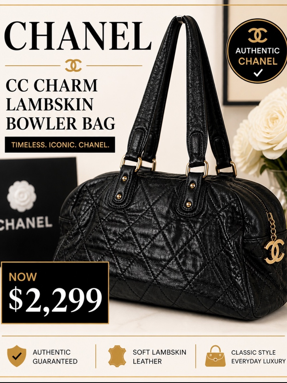 CHANEL CC CHARM LAMBSKIN BOWLER BAG